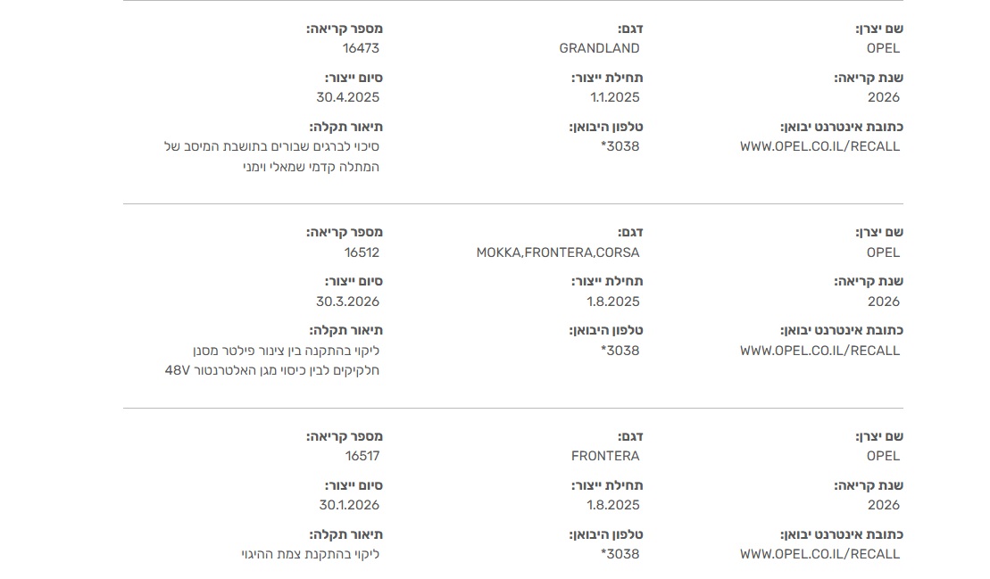 אופל כבר החלה לזמן כלי רכב לריקול בנושא זה בישראל, אנחנו ממתינים לגלות אם גם דגמים אחרים יזומנו לתיקון
